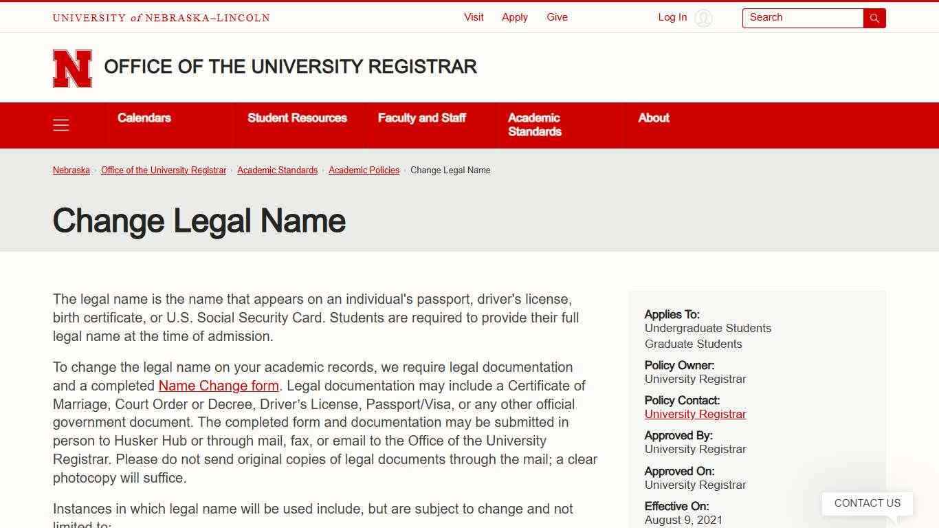 Change Legal Name | Office of the University Registrar | Nebraska