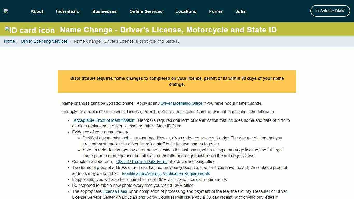 Name Change - Driver's License, Motorcycle and State ID | Nebraska Department of Motor Vehicles